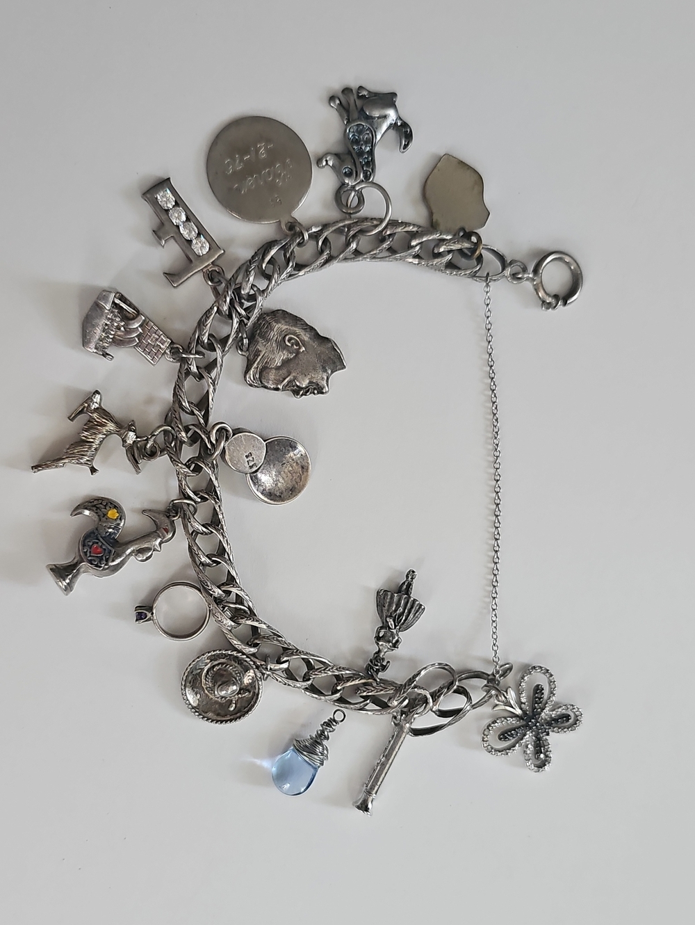 Sterling Silver Charm Bracelet with Blue Teardrop and Floral Charm - Women